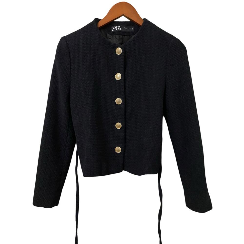 Zara Structured Blazer Lady Jacket Small Black Belted Gold Buttons Preppy Trendy - Picture 8 of 16